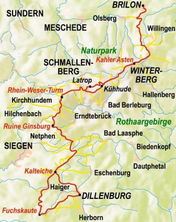 Kaart met de route van de Rothaarsteig
